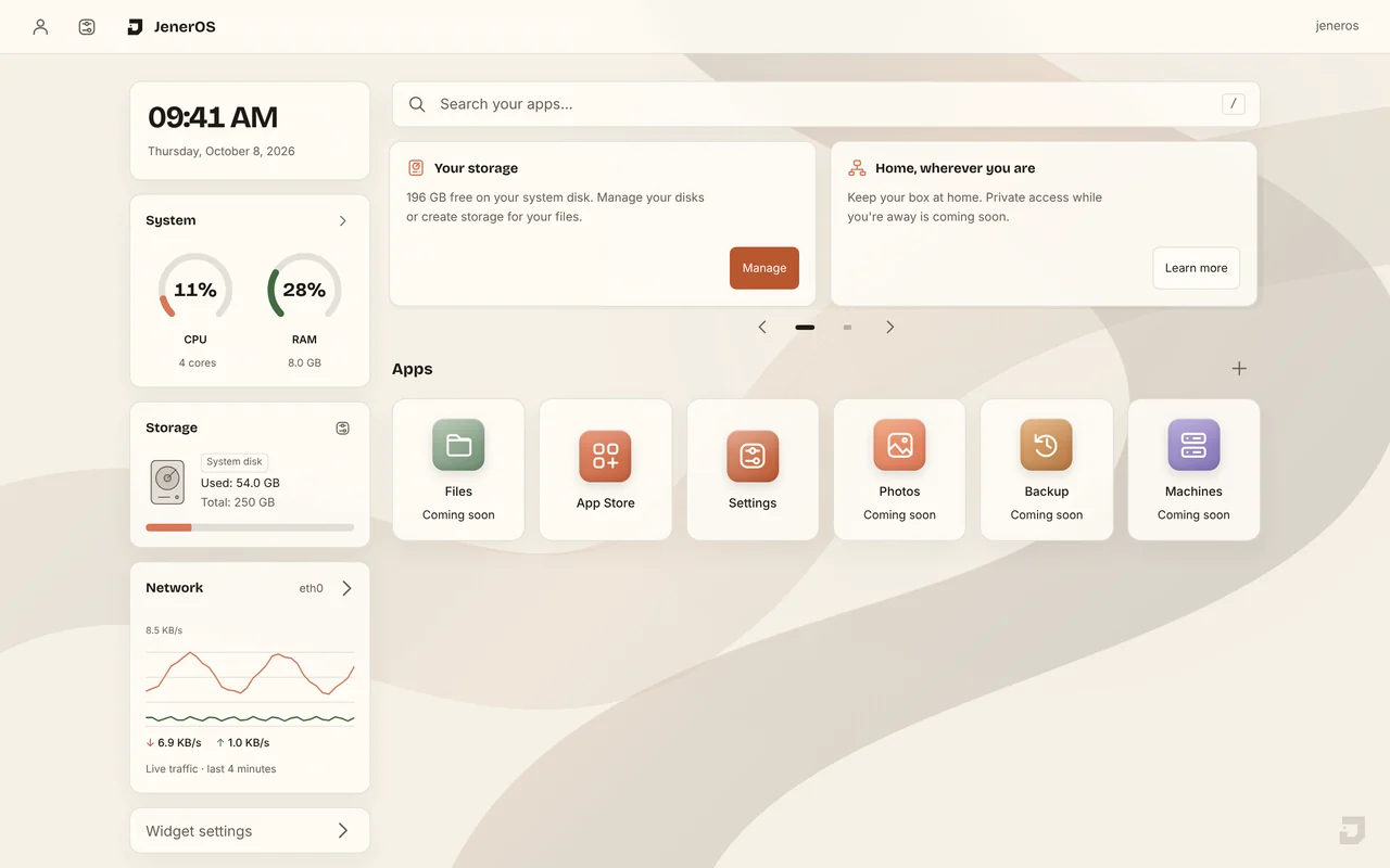 JenerOS dashboard with clock, system readings, storage, network and apps.