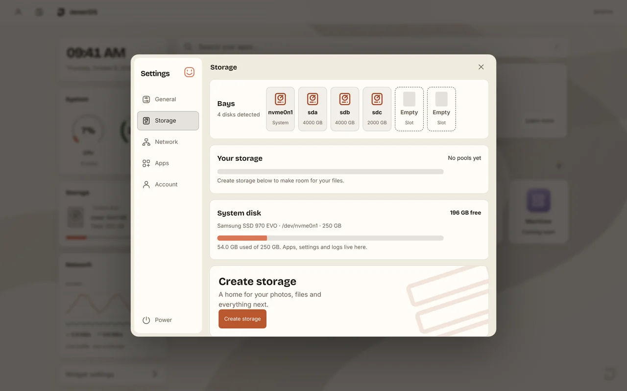Storage settings with disk bays, the system disk and Create storage.