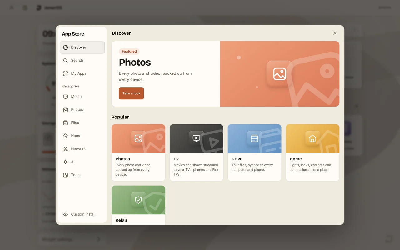 App Store Discover with Photos, TV, Drive, Home and Relay.